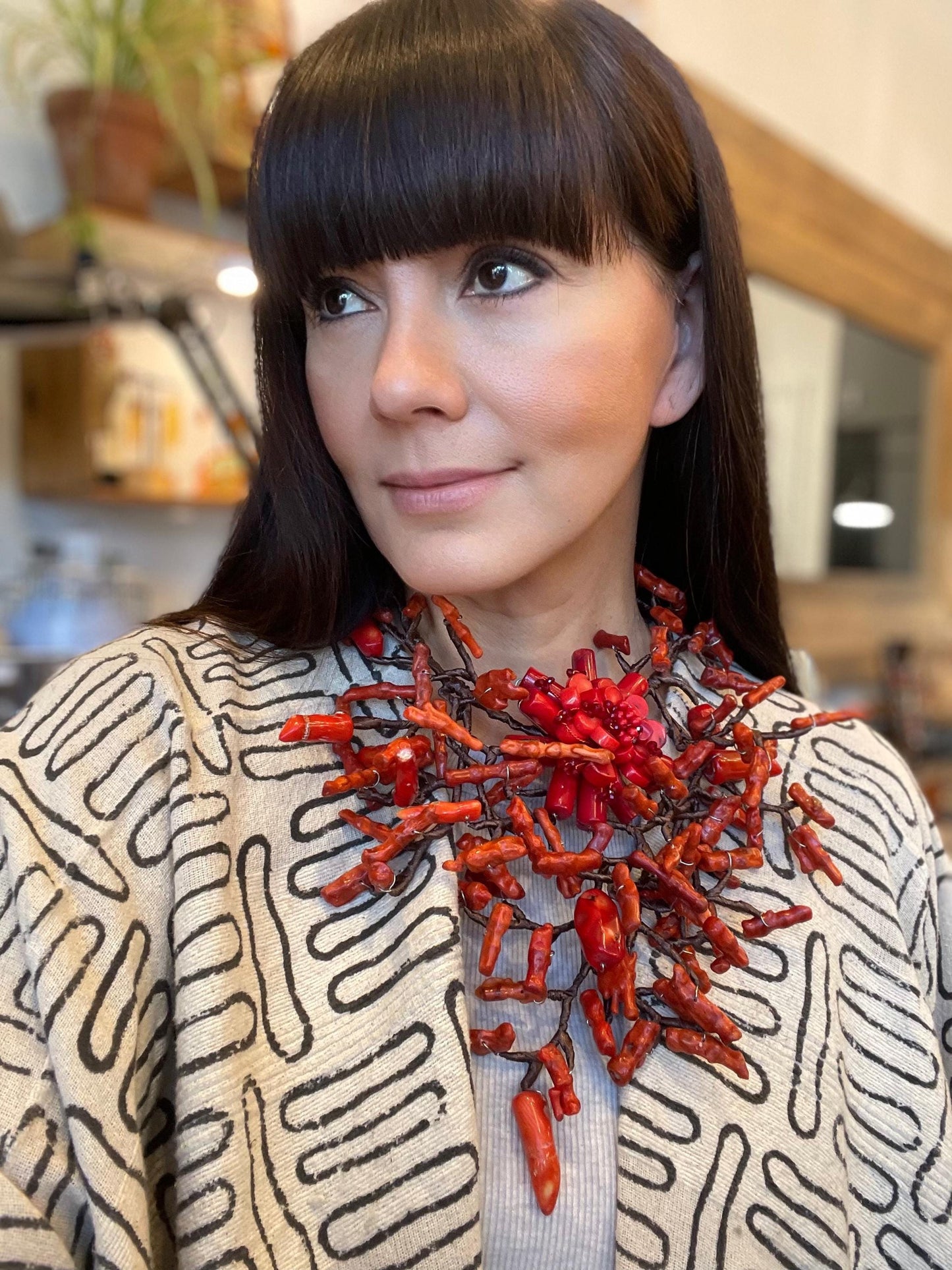 Sterling Silver Natural art red coral mix runway Statement Necklace
