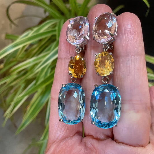 Sterling Silver natural Swiss blue topaz Ametrine citrine fancy earrings