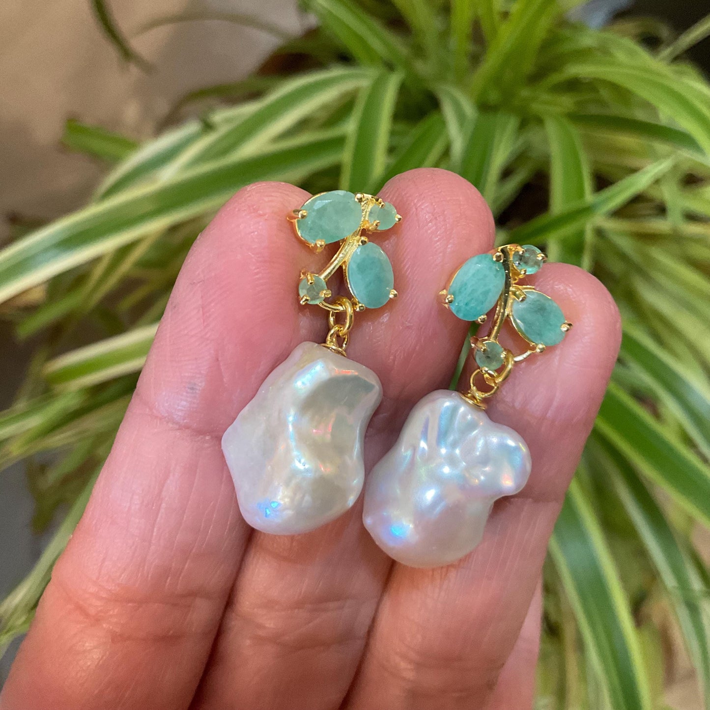 Sterling Silver natural white baroque pearl Emerald statement earrings Colors Of Etnika