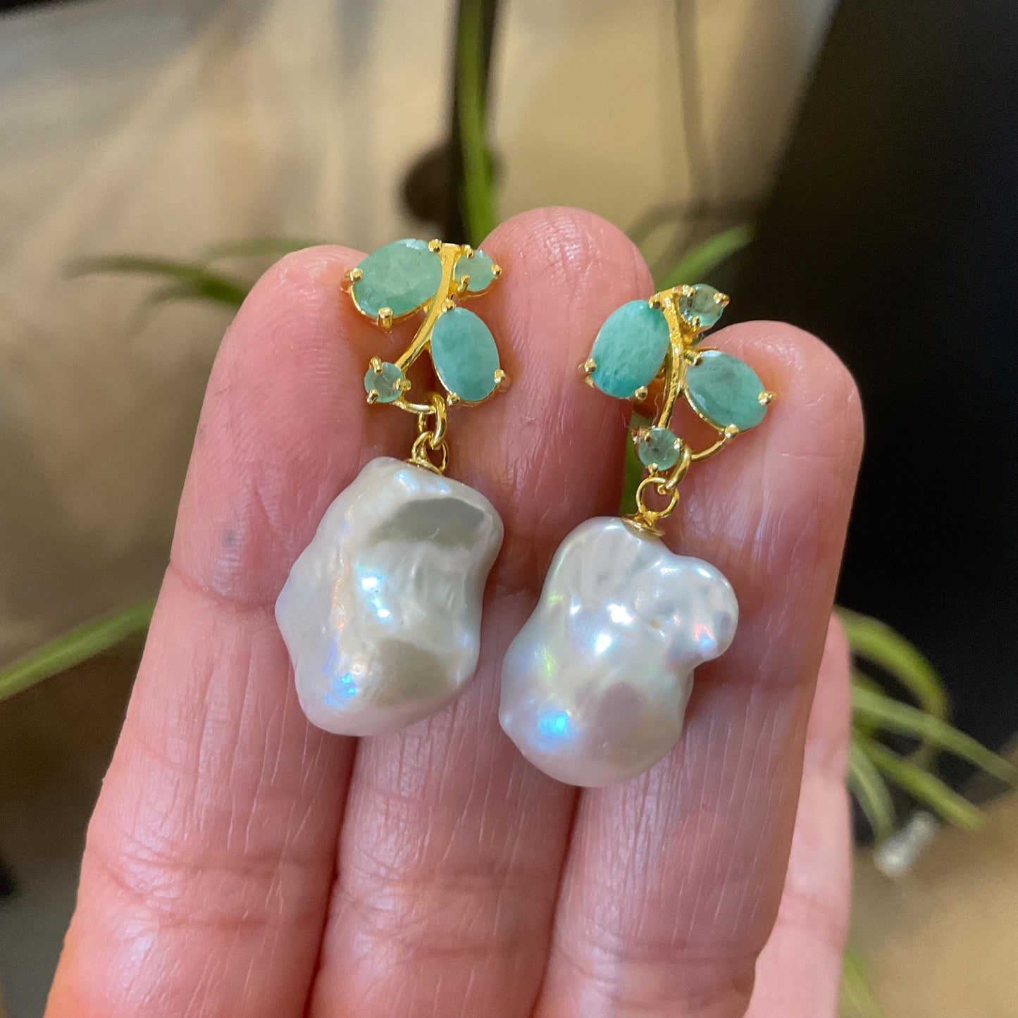 Sterling Silver natural white baroque pearl Emerald statement earrings Colors Of Etnika