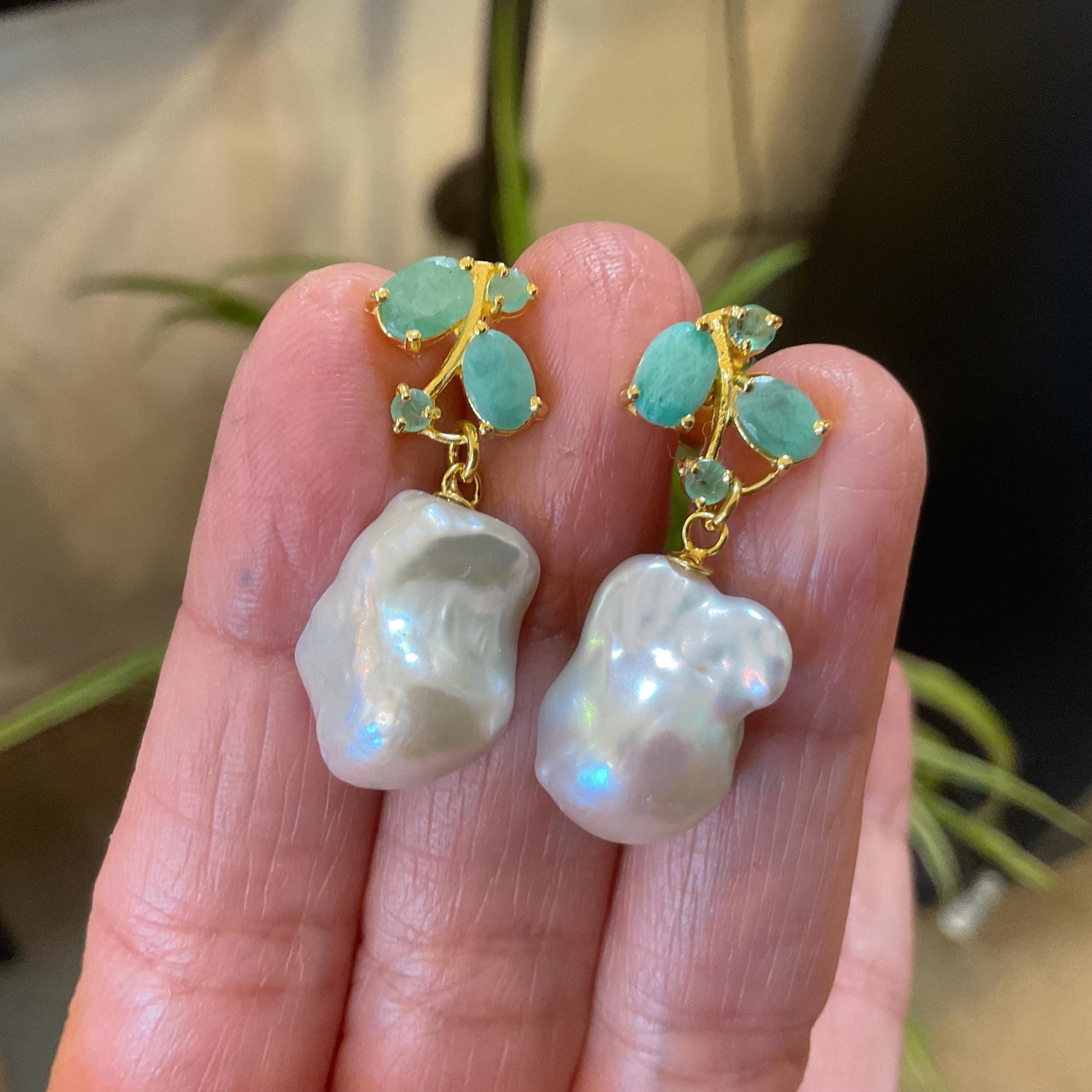 Sterling Silver natural white baroque pearl Emerald statement earrings Colors Of Etnika