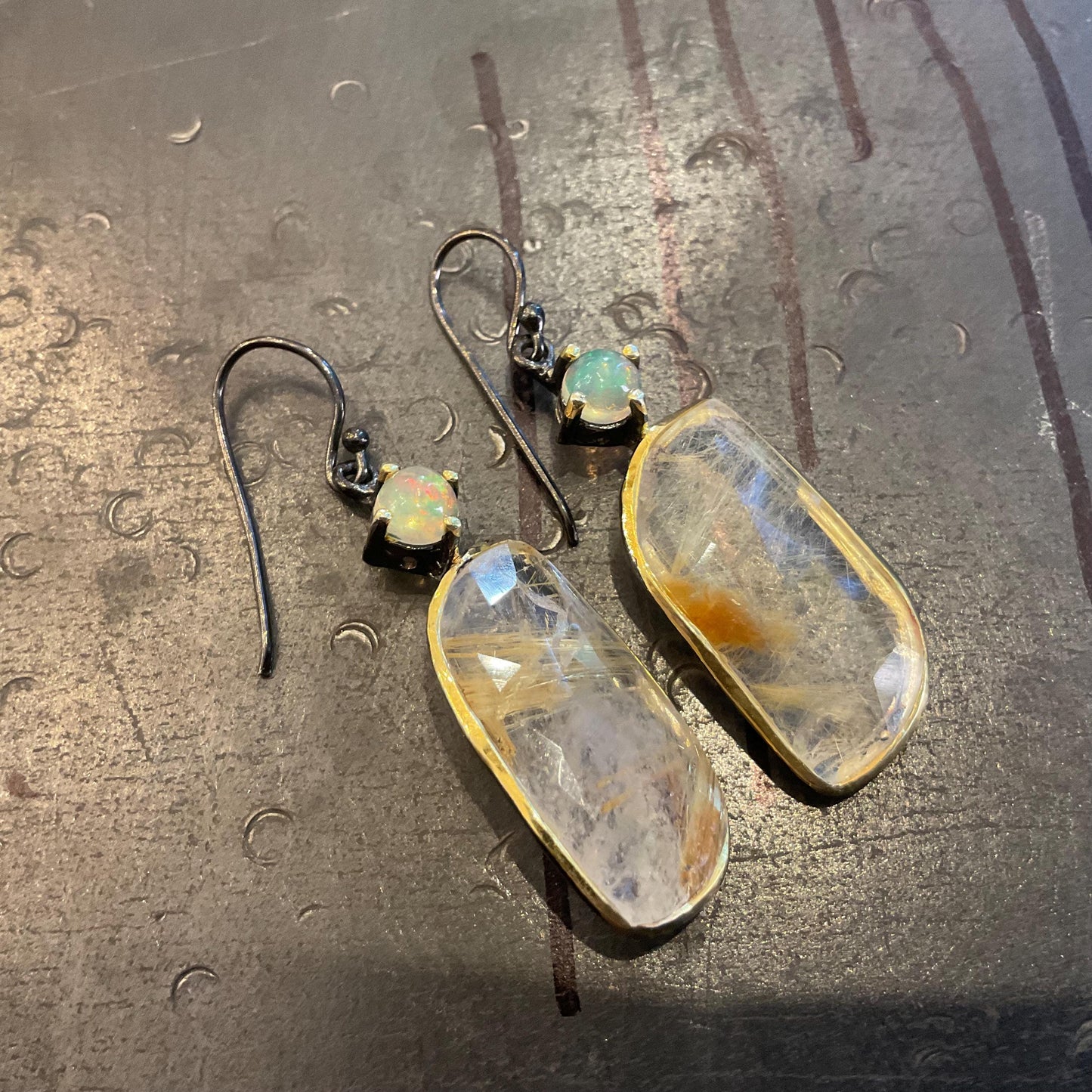 sterling silver statement rutilated quartz golden ribbon opal dangle  earrings