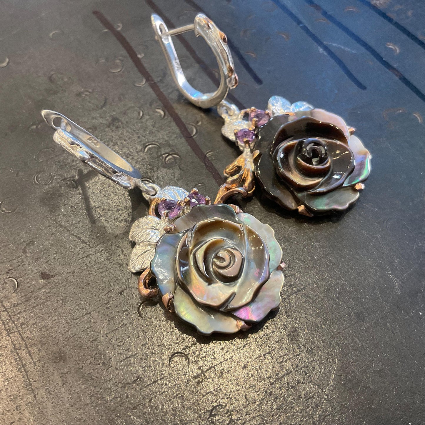 Sterling silver carved mother of pearl rose amethyst  Earrings