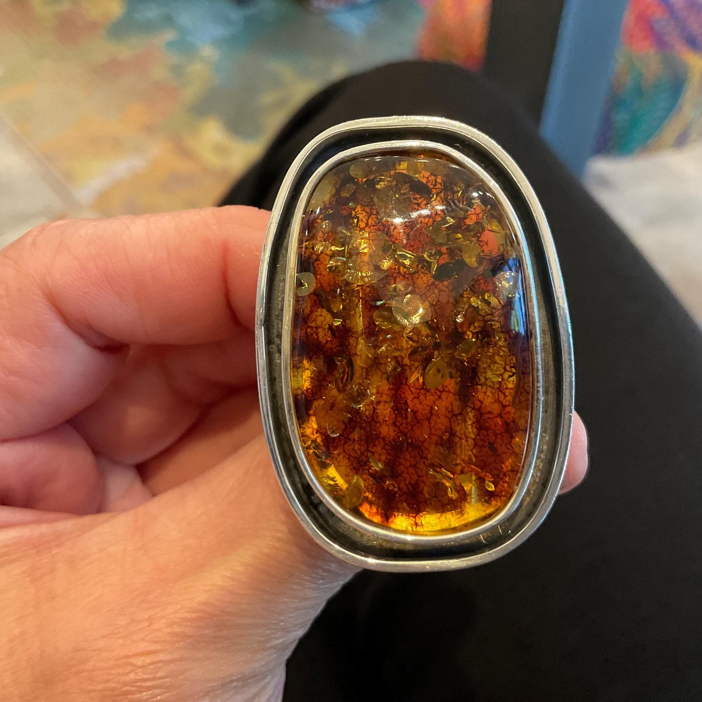 sterling silver modernist OOAK amber Statement ring adjustable cuff