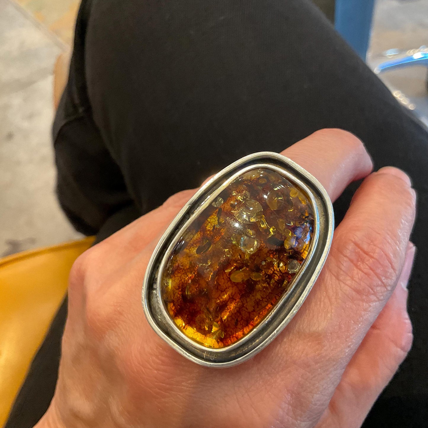 sterling silver modernist OOAK amber Statement ring adjustable cuff