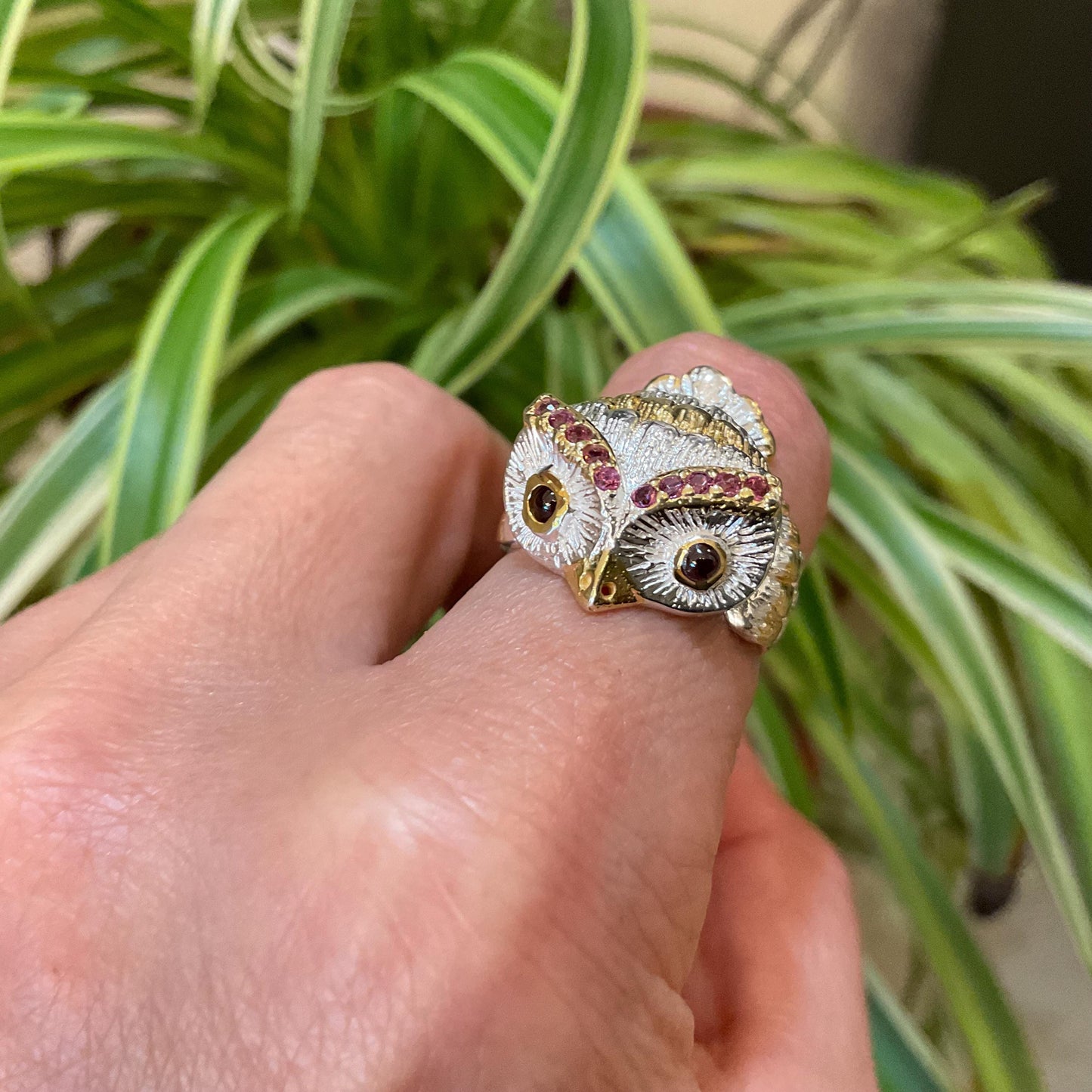 sterling silver statement handmade Owl ring red rhodolite  ring 7 or 7.5