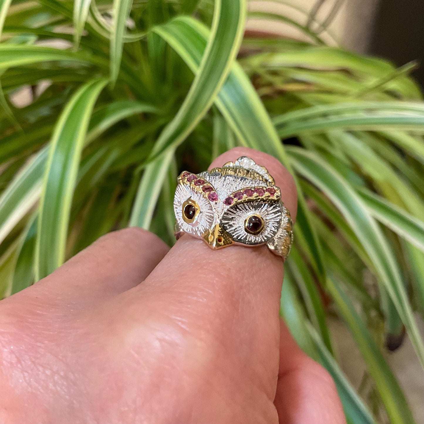 sterling silver statement handmade Owl ring red rhodolite  ring 7 or 7.5