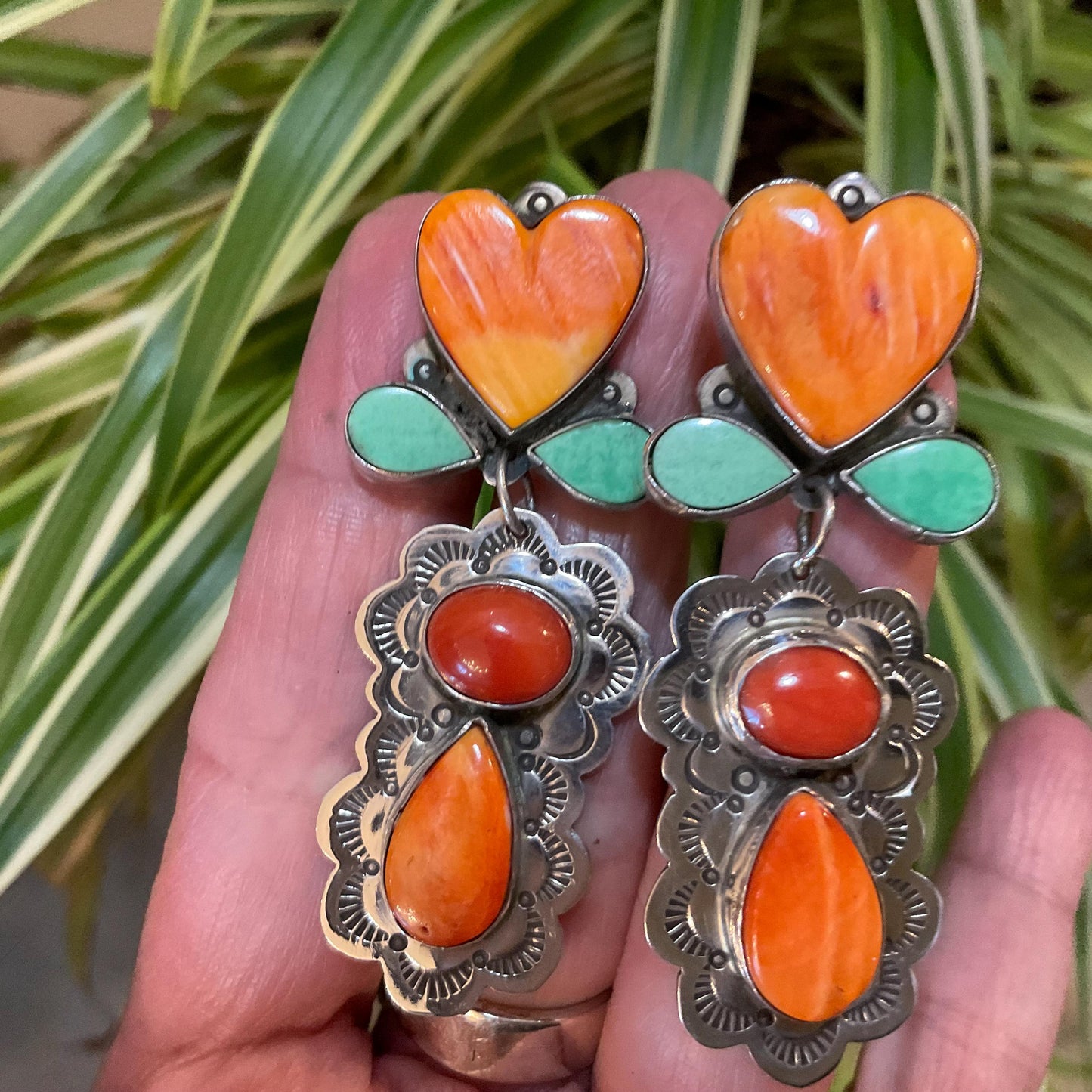 Sterling Silver coral Spiny oyster large heart turquoise Native American earrings