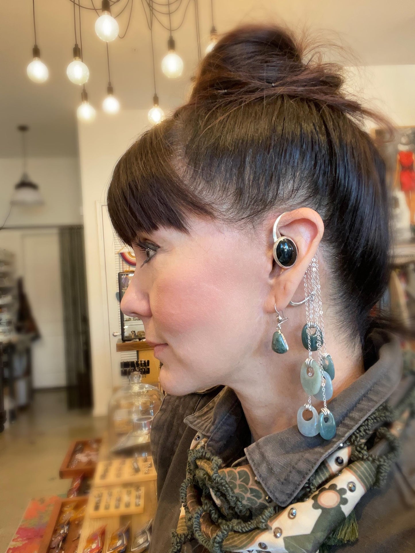 Sterling Silver Guatemalan black blue and green jade ear cuff