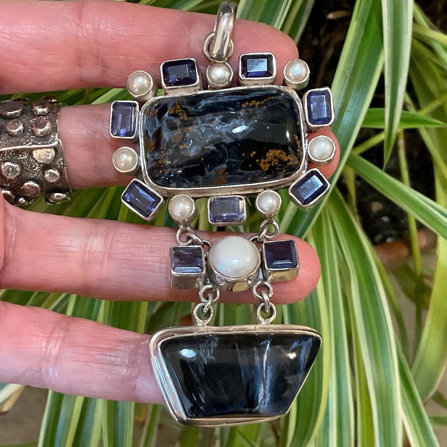 Sterling silver vintage Pietersite pearls pendant for necklace