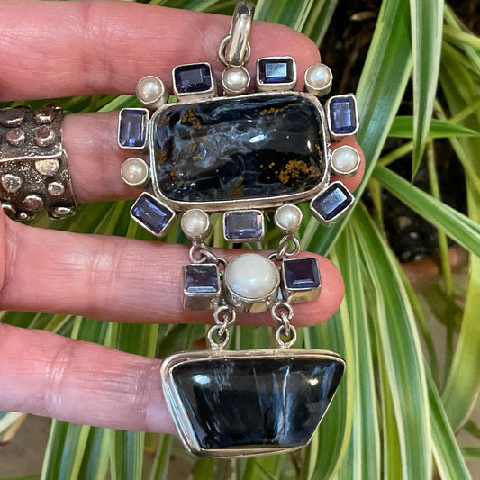 Sterling silver vintage Pietersite pearls pendant for necklace
