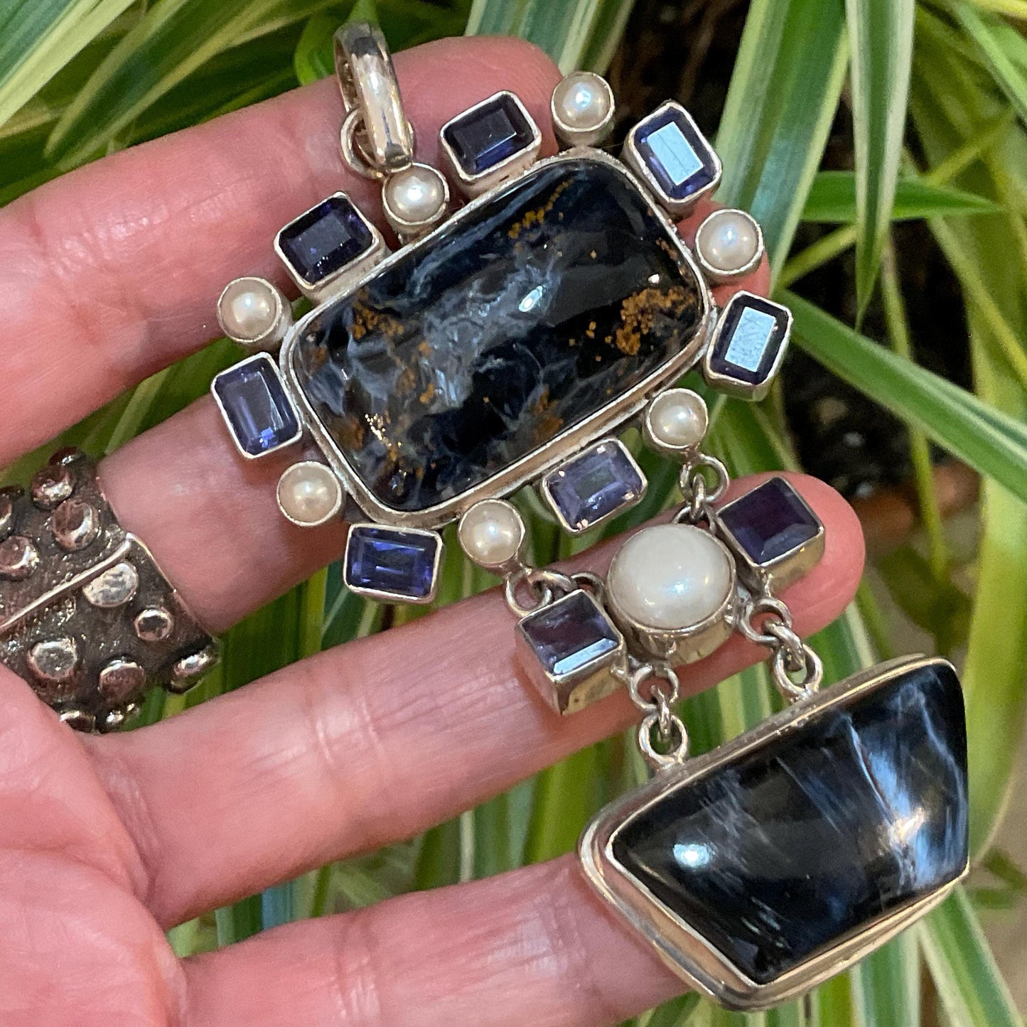 Sterling silver vintage Pietersite pearls pendant for necklace