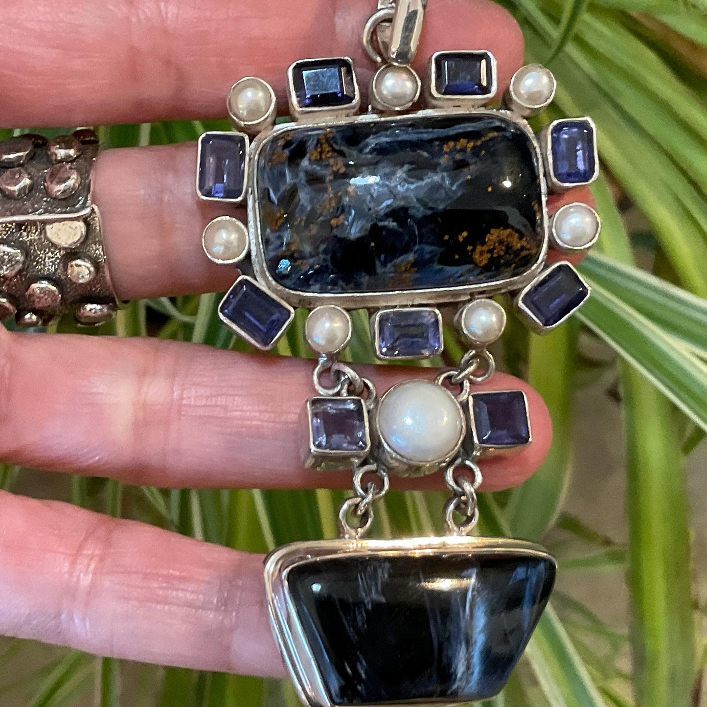 Sterling silver vintage Pietersite pearls pendant for necklace