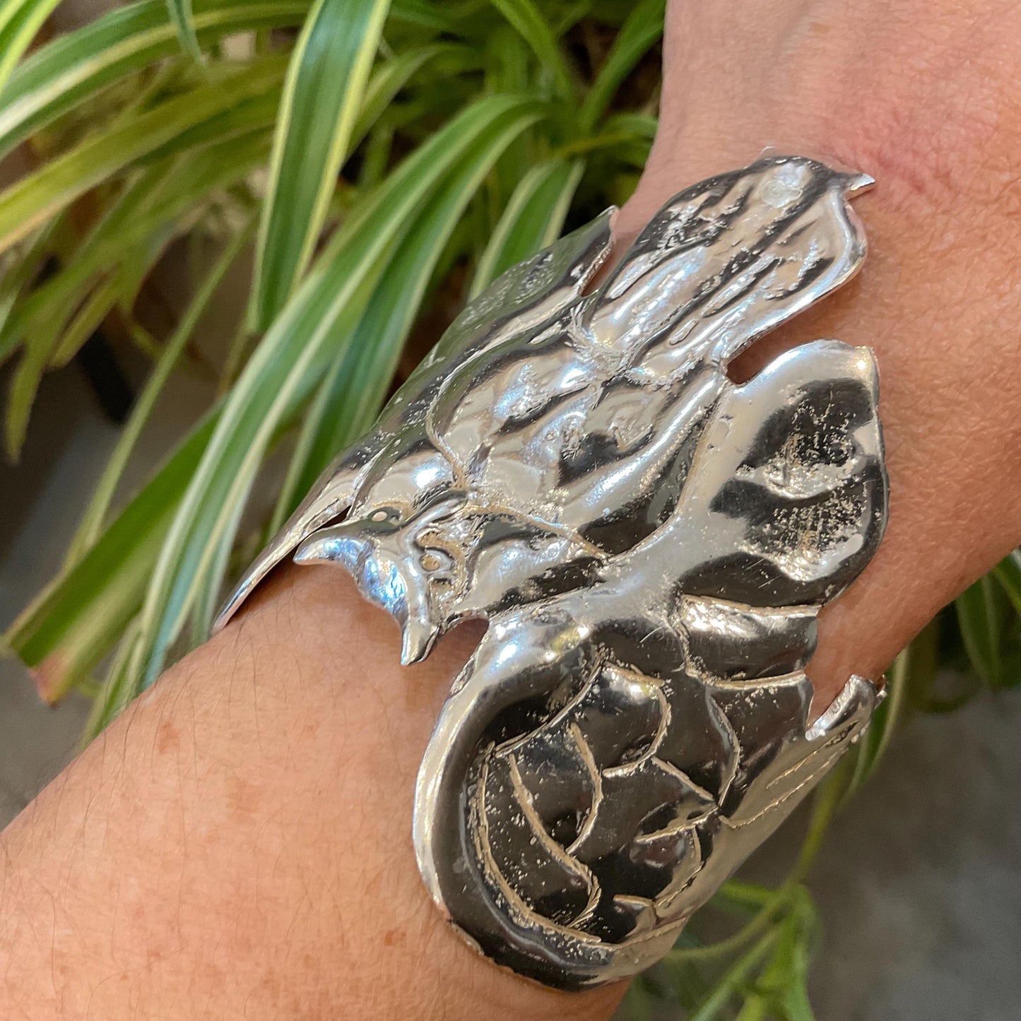 Handmade 800 silver owl wide repousse bracelet artisan cuff