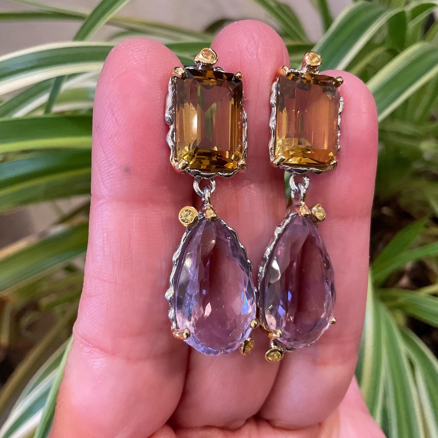 Sterling silver Ametrine pear shape emerald cut citrine fancy  dangle earrings