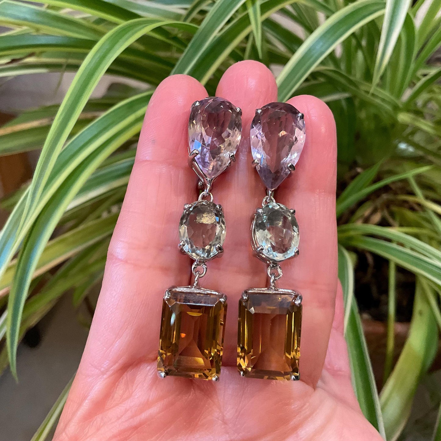 Sterling silver  pear shape Ametrine citrine green amethyst dangle fancy earrings