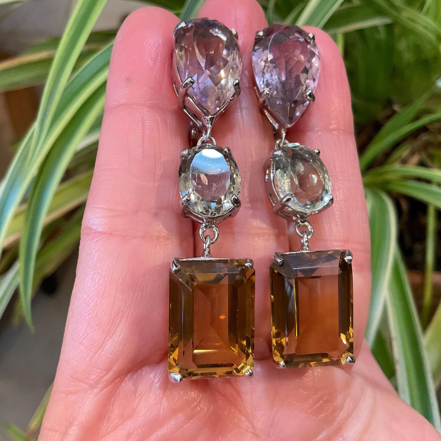 Sterling silver  pear shape Ametrine citrine green amethyst dangle fancy earrings