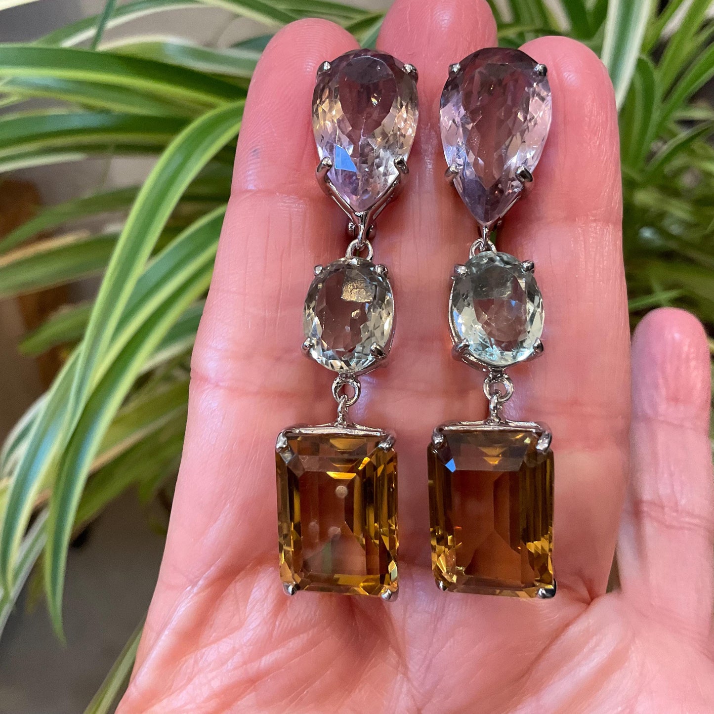 Sterling silver  pear shape Ametrine citrine green amethyst dangle fancy earrings