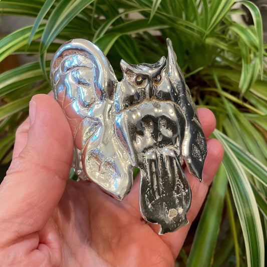Handmade 800 silver owl wide repousse bracelet artisan cuff