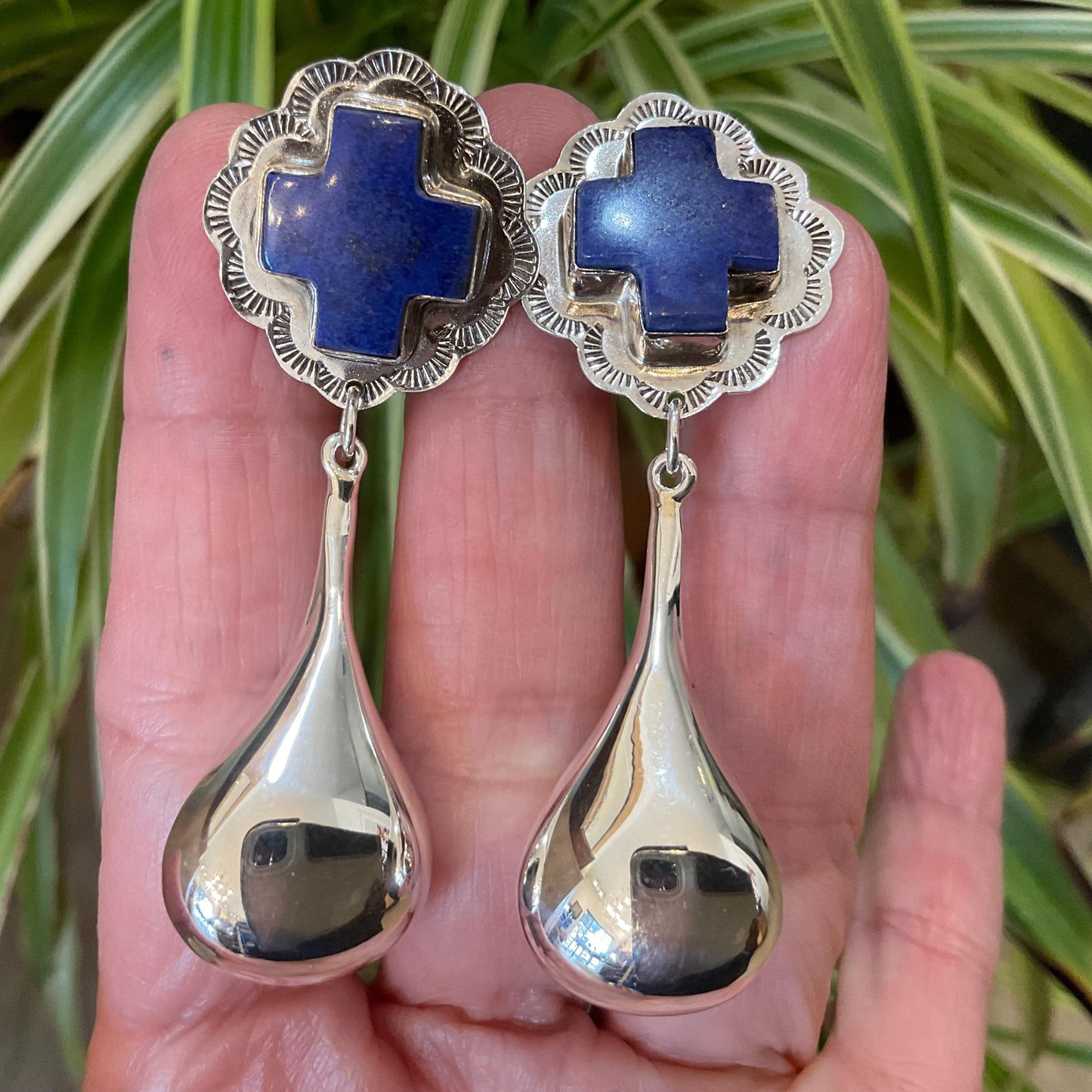 sterling silver dangle  lapis lazuli cross water drops Earrings