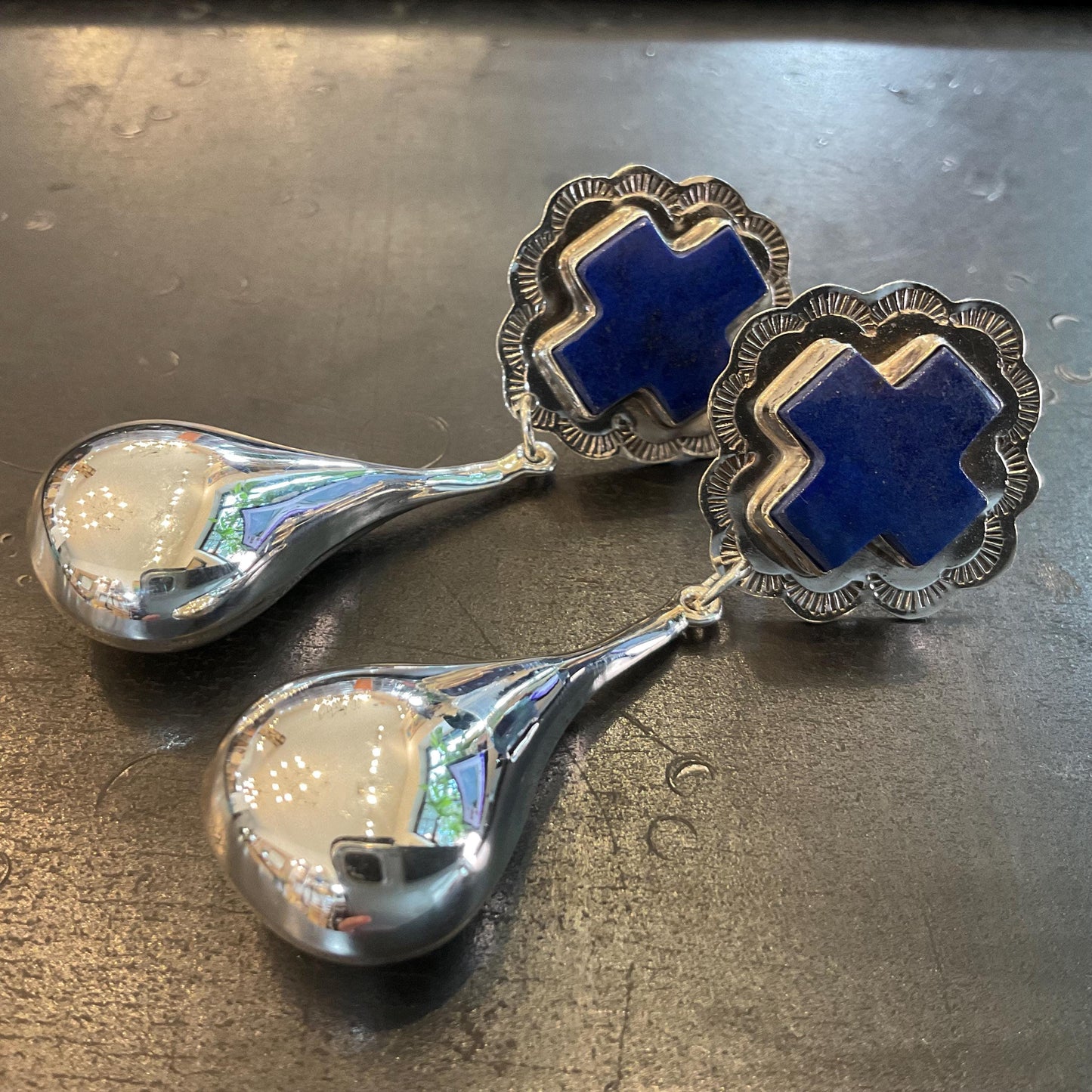 sterling silver dangle  lapis lazuli cross water drops Earrings