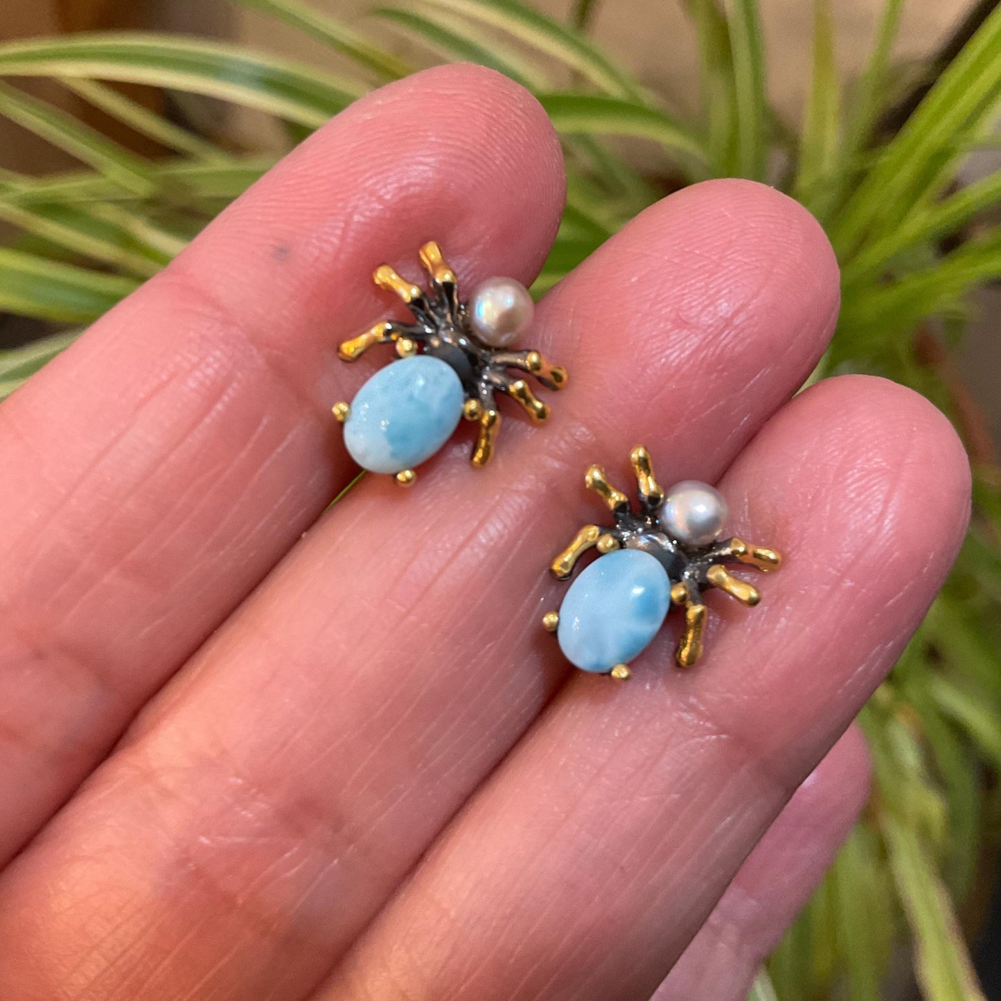 sterling silver  Natural park Larimar Spider stud earrings