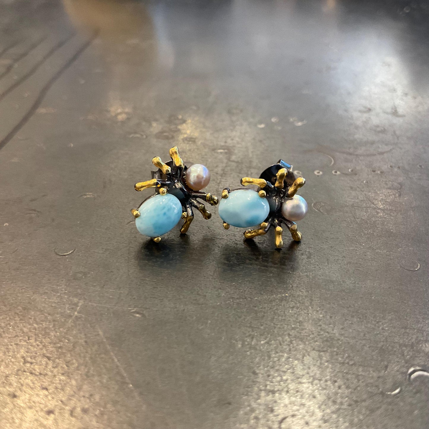 sterling silver  Natural park Larimar Spider stud earrings