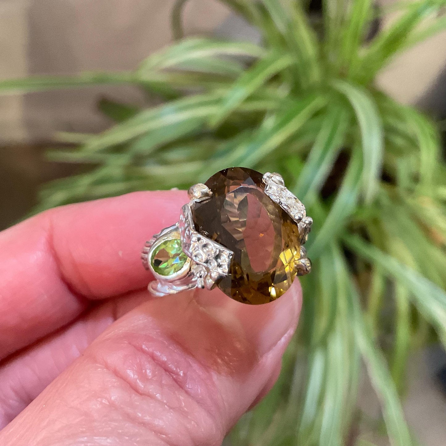 sterling silver cognac quartz  peridot cable citrine statement ring 7