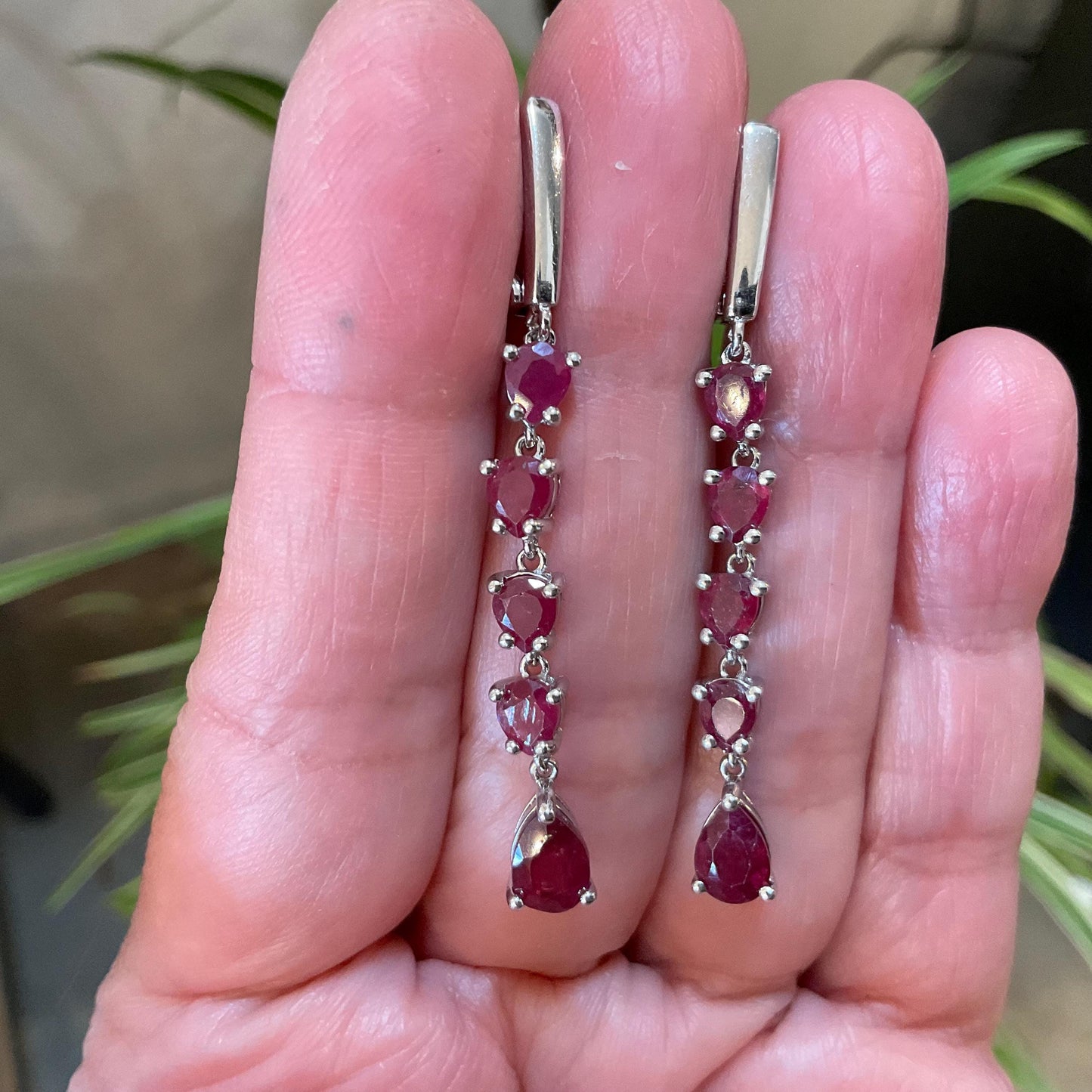Sterling Silver  Natural red ruby long pear shape dangle earrings
