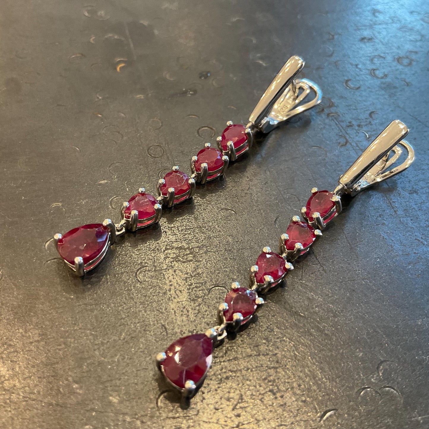 Sterling Silver  Natural red ruby long pear shape dangle earrings