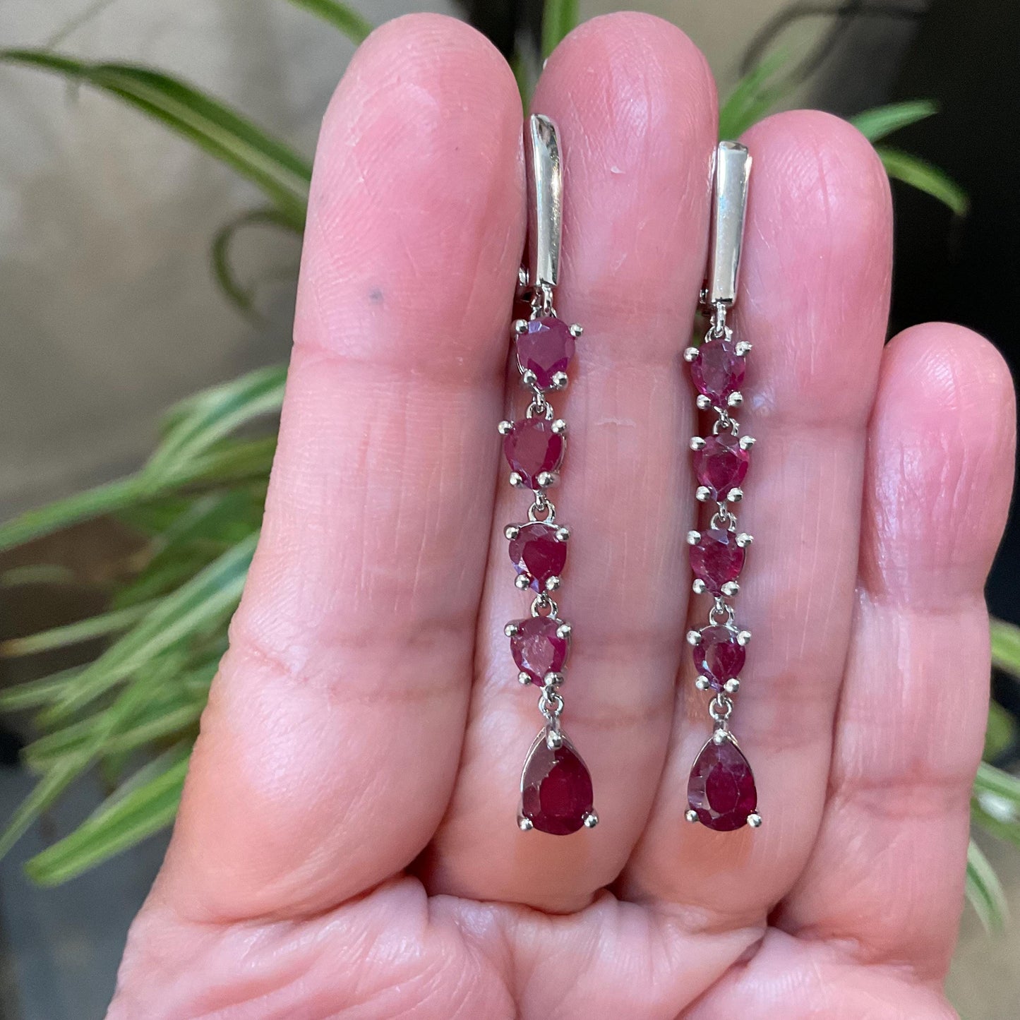 Sterling Silver  Natural red ruby long pear shape dangle earrings