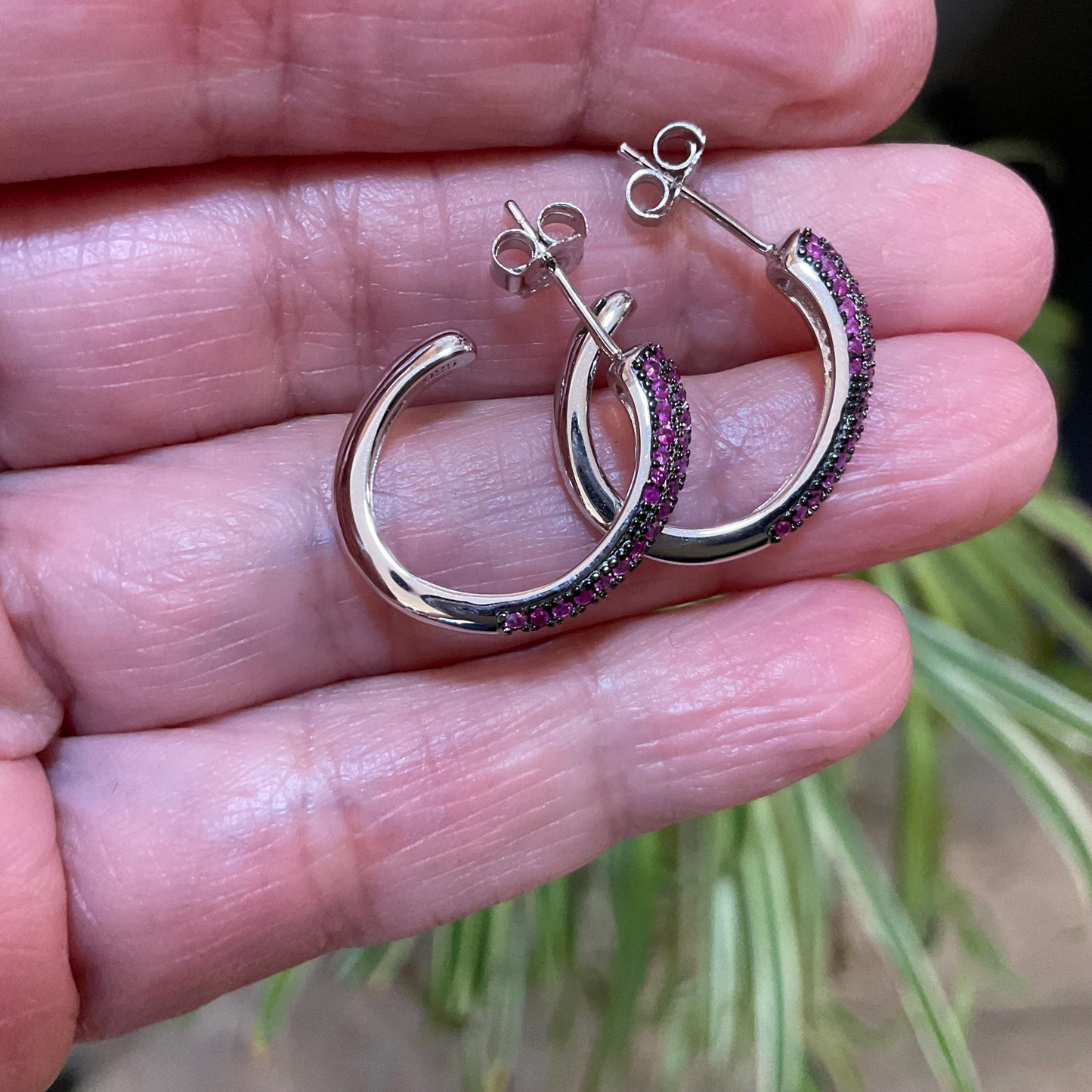 Sterling Silver Myanmar diamond cut red ruby small hoops Earrings