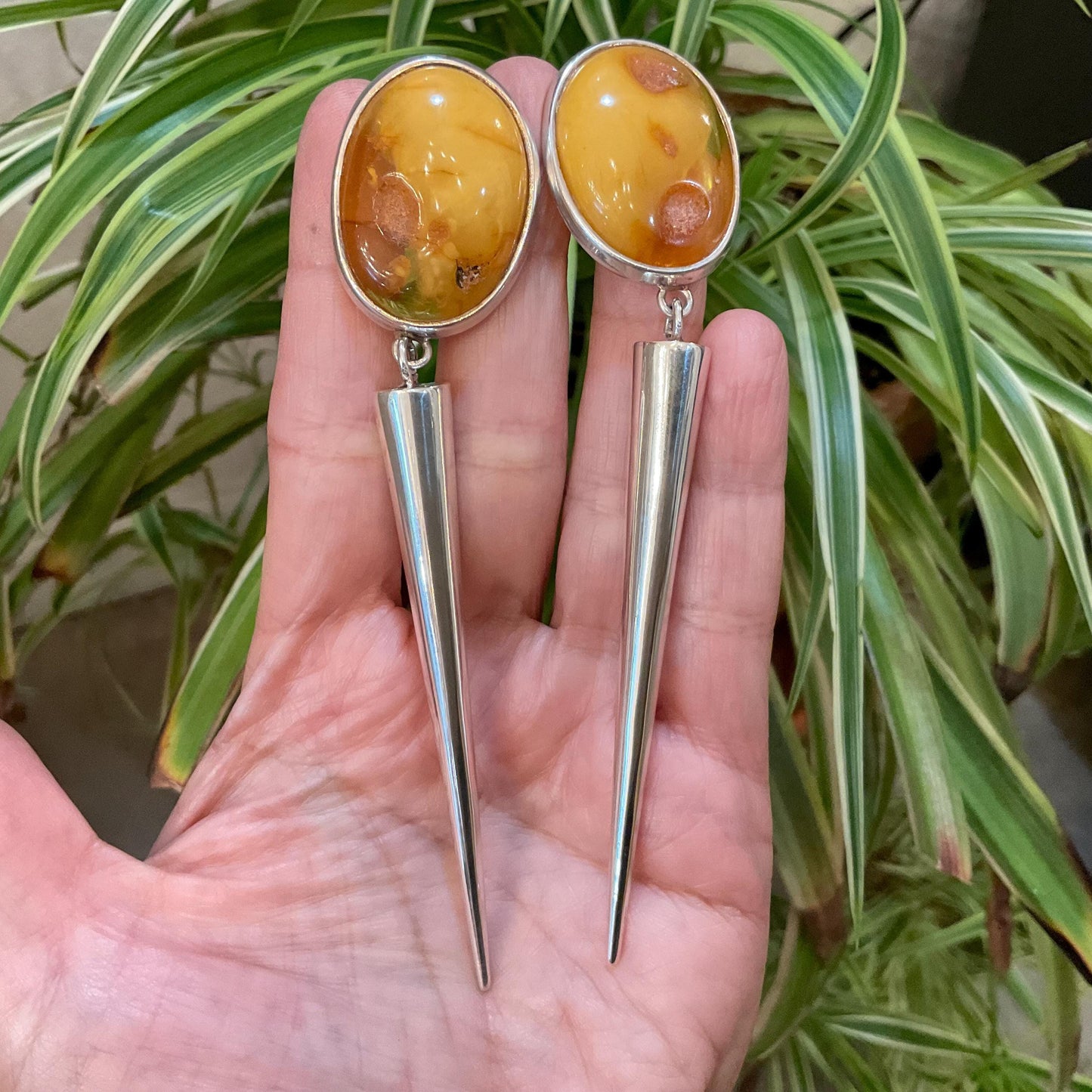 Sterling Silver butterscotch egg yolk amber  dangle spike earrings 4.5”