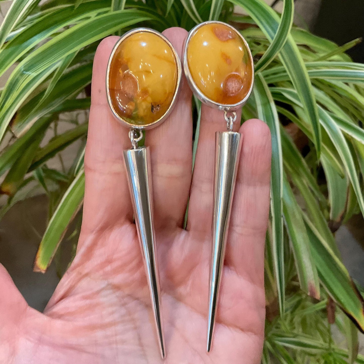 Sterling Silver butterscotch egg yolk amber  dangle spike earrings 4.5”
