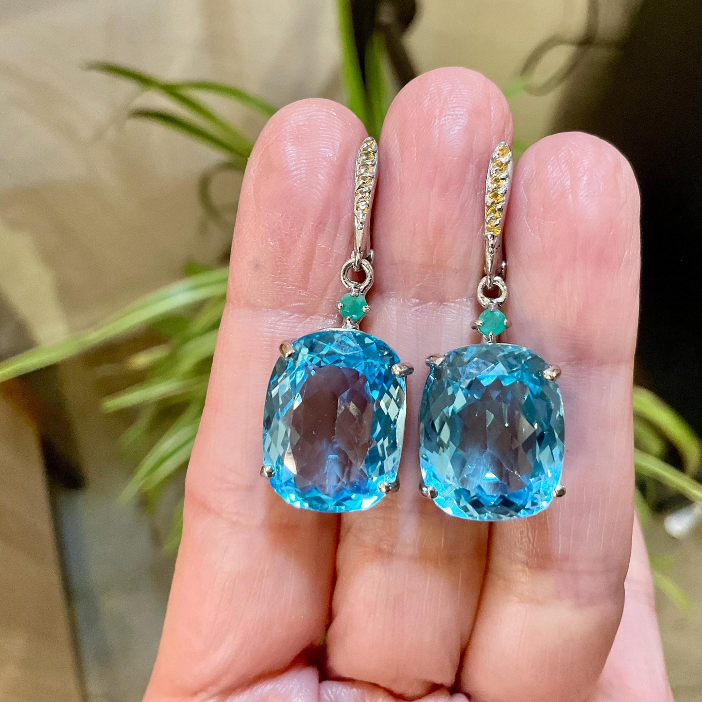 Sterling Silver sky natural blue topaz emerald sapphire fancy earrings