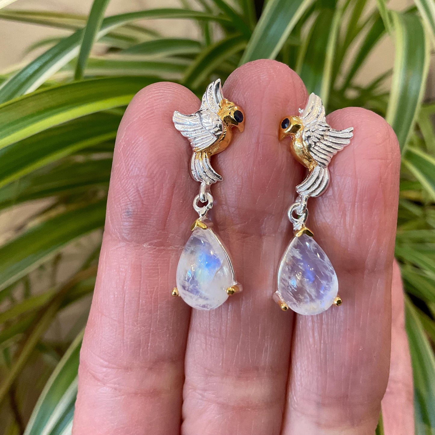 Sterling Silver natural moonstone dangle bird sapphire earrings