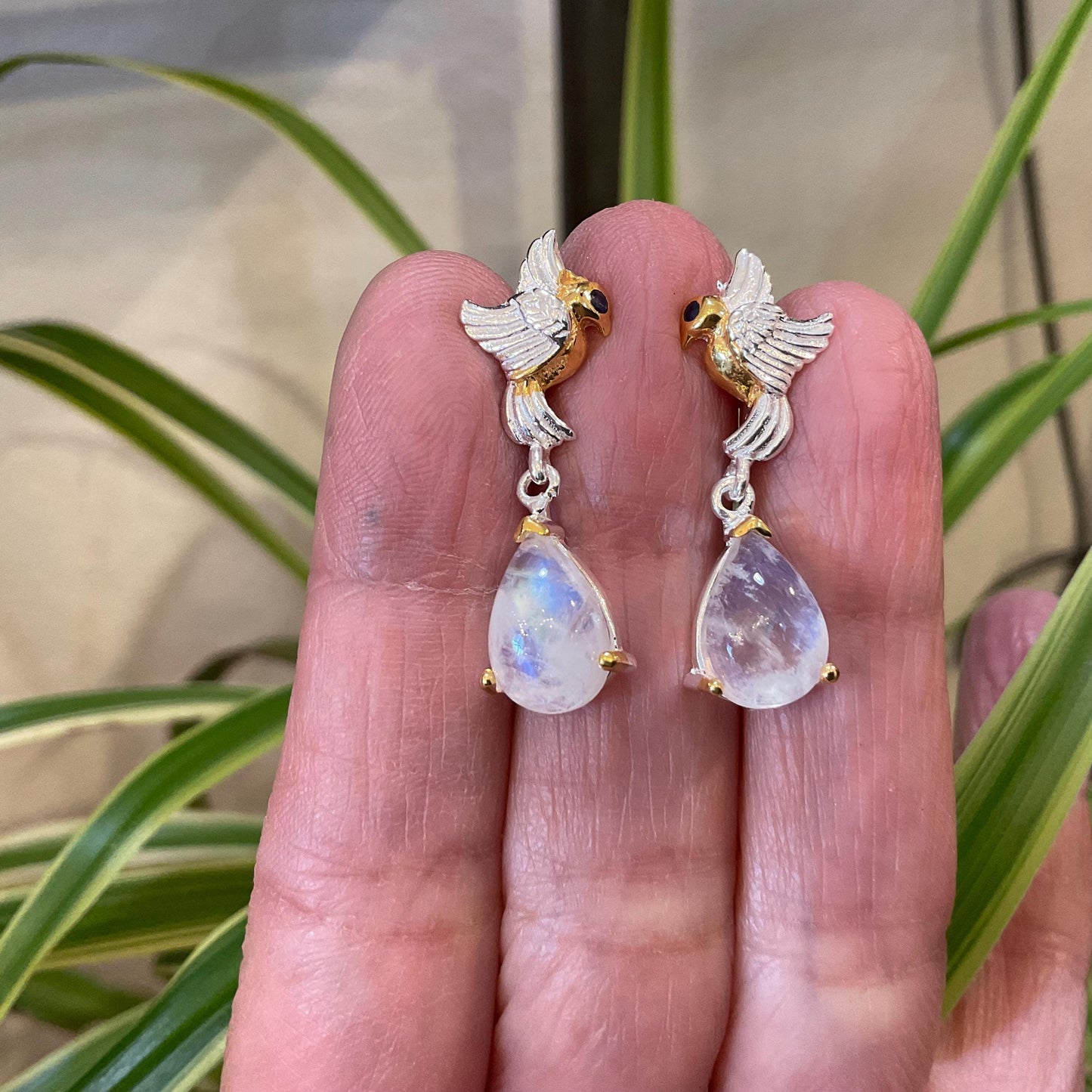 Sterling Silver natural moonstone dangle bird sapphire earrings