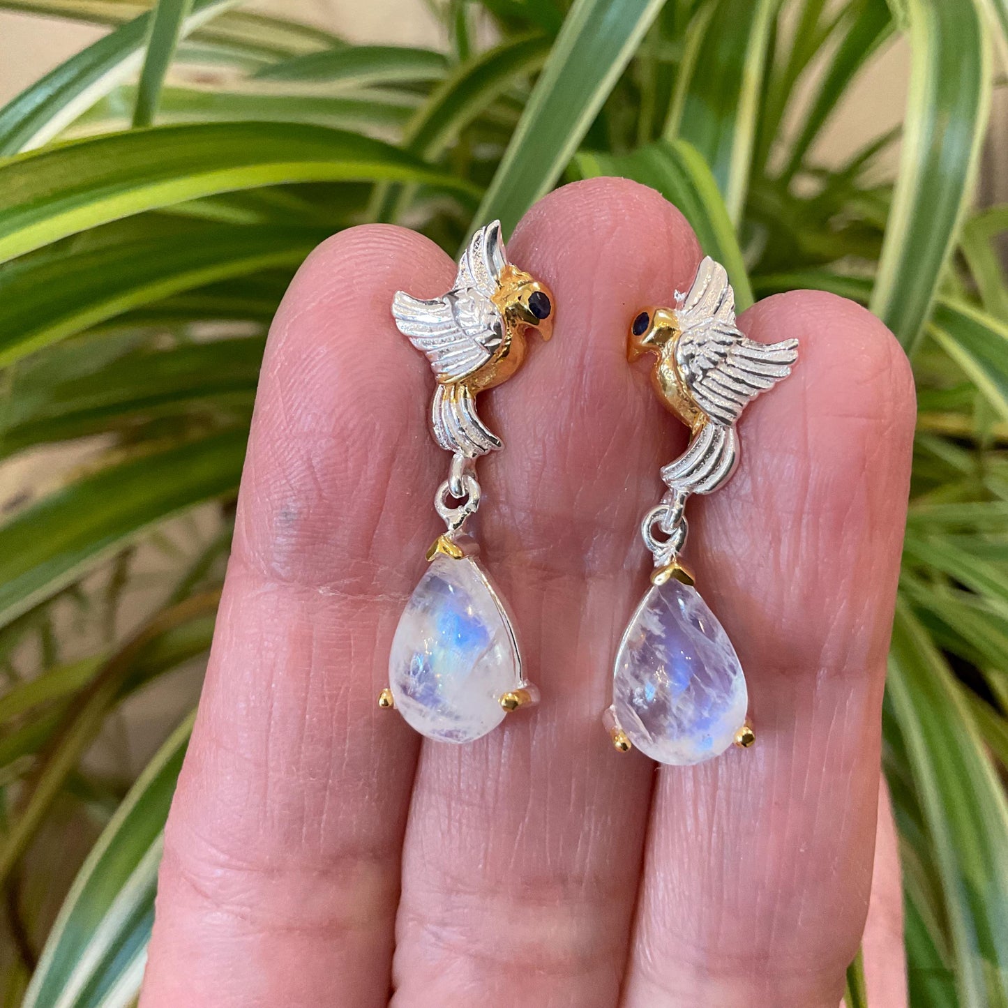 Sterling Silver natural moonstone dangle bird sapphire earrings