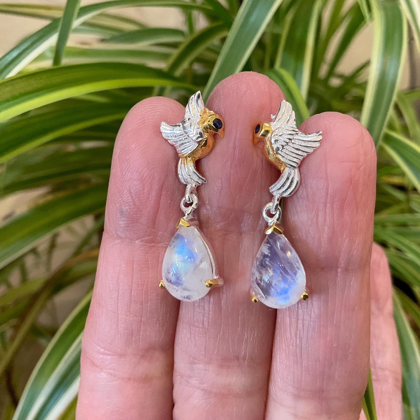 Sterling Silver natural moonstone dangle bird sapphire earrings