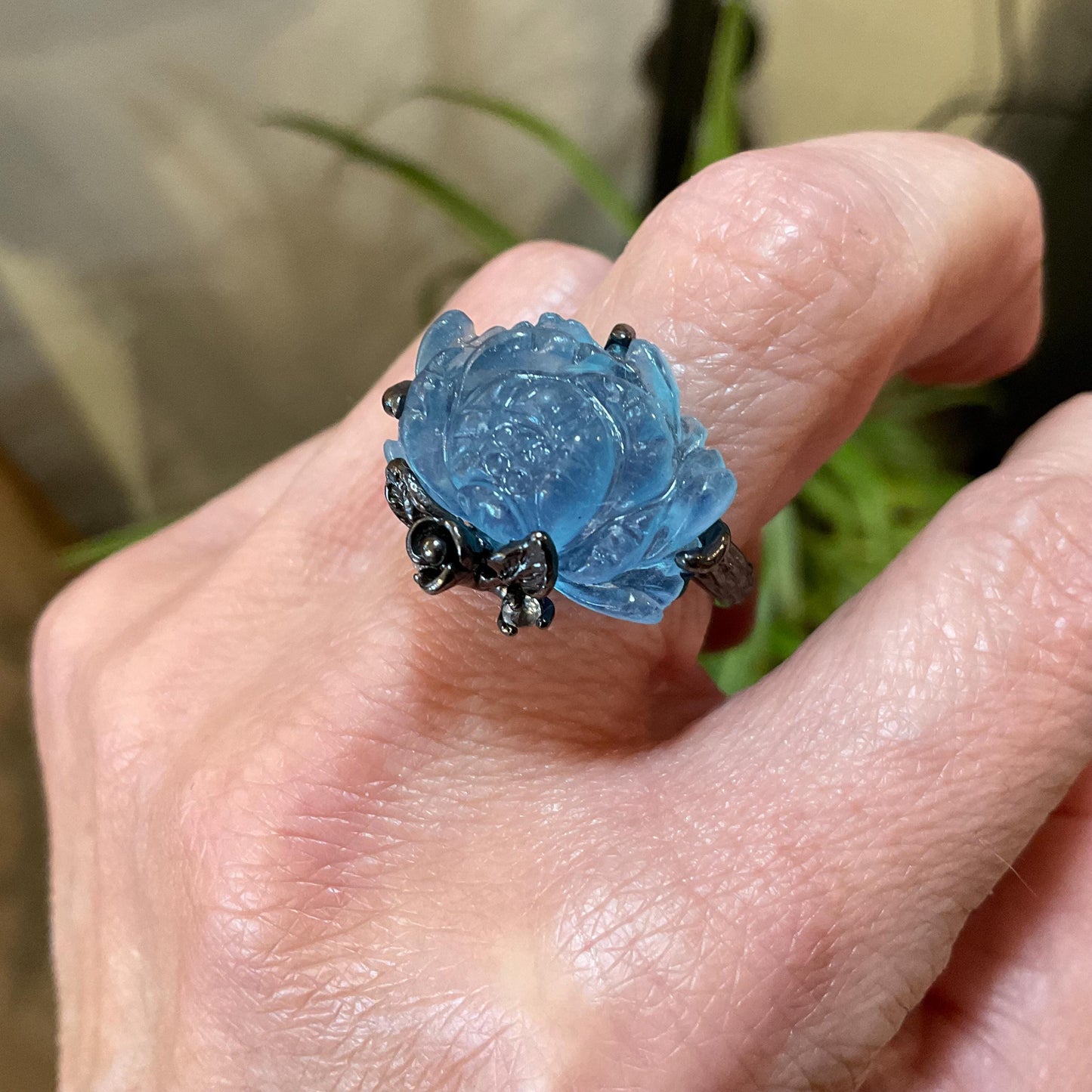 Sterling Silver Handmade Aquamarine carved rose ring 8