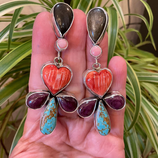 Sterling Silver turquoise spiny oyster conch heart post earrings