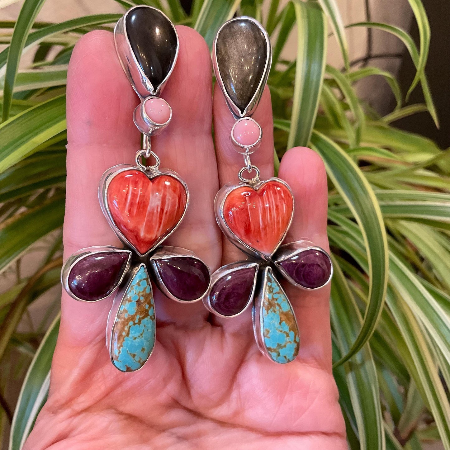 Sterling Silver turquoise spiny oyster conch heart post earrings