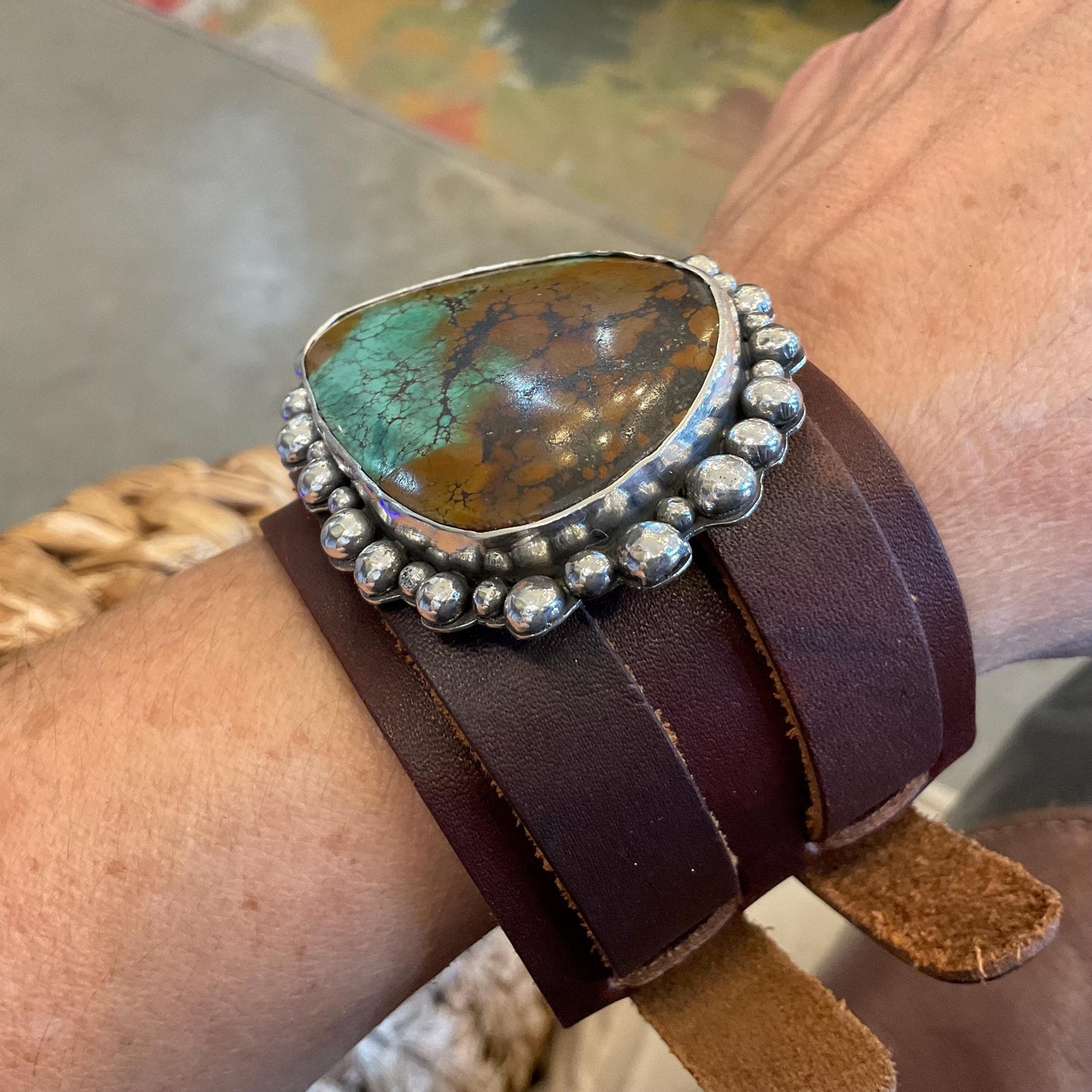 sterling silver turquoise statement  leather bracelet cuff