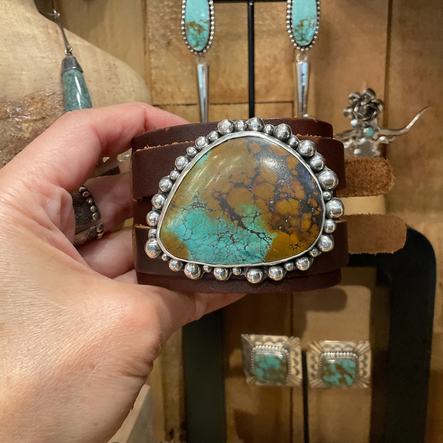sterling silver turquoise statement  leather bracelet cuff
