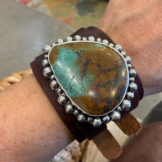 sterling silver turquoise statement  leather bracelet cuff