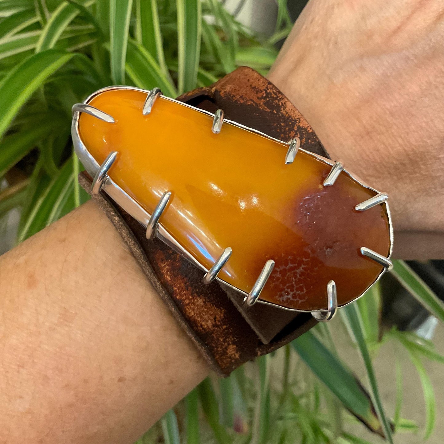 sterling silver Baltic egg yolk Amber butterscotch leather bracelet cuff