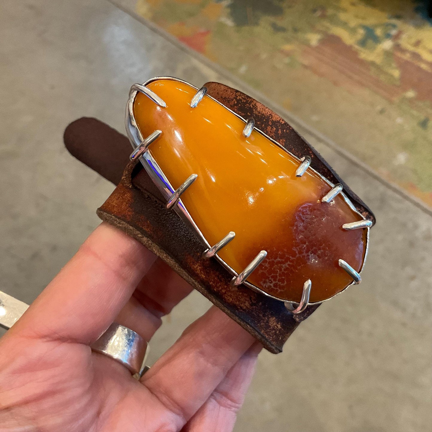 sterling silver Baltic egg yolk Amber butterscotch leather bracelet cuff