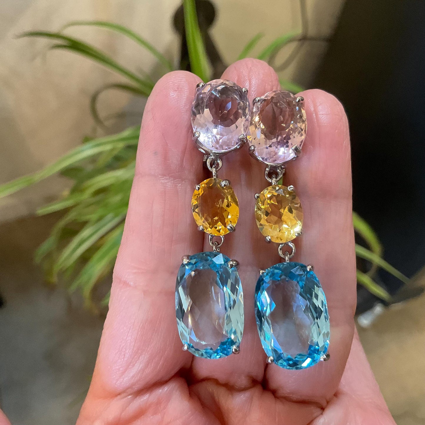 Sterling Silver natural Swiss blue topaz Ametrine citrine fancy earrings