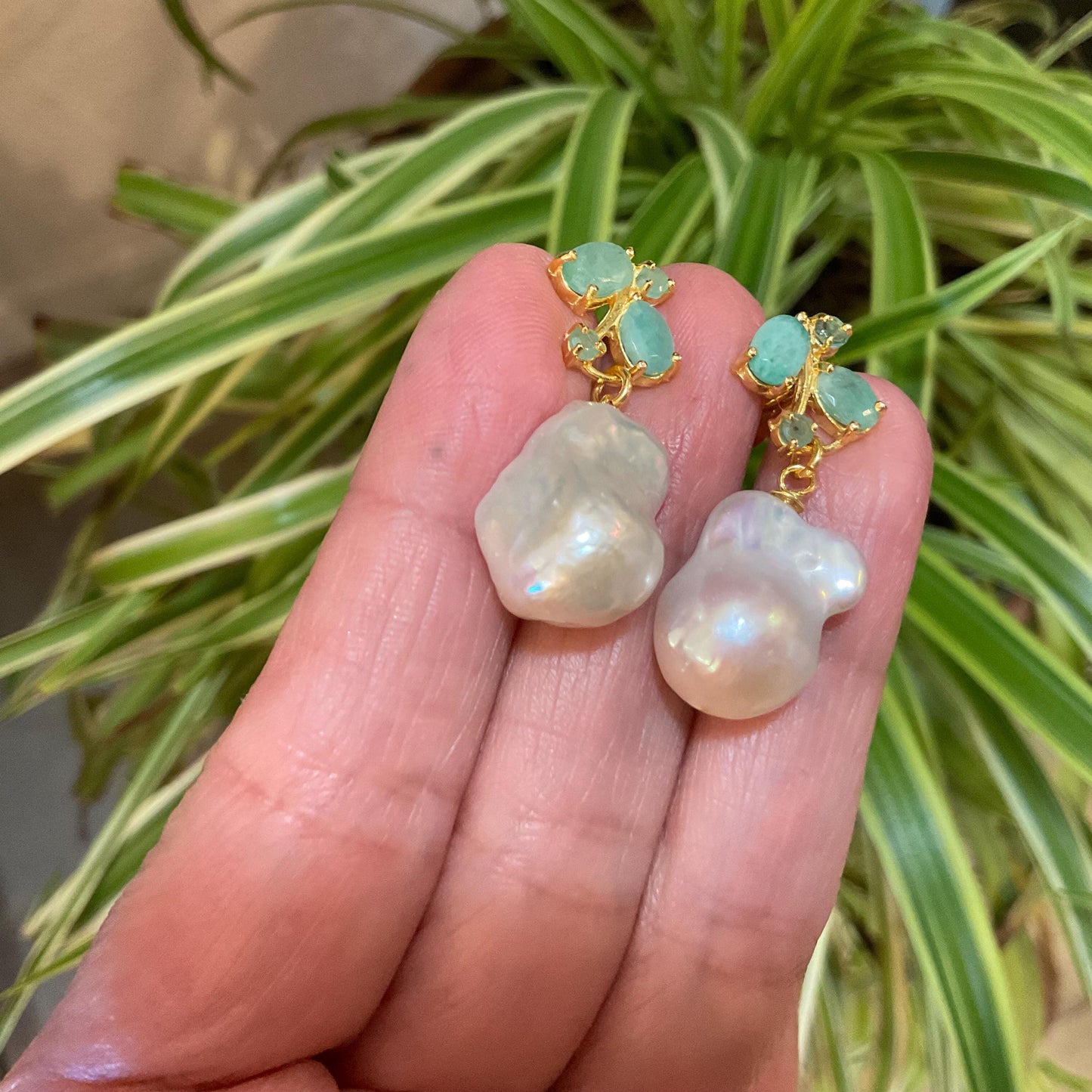 Sterling Silver natural white baroque pearl Emerald statement earrings Colors Of Etnika