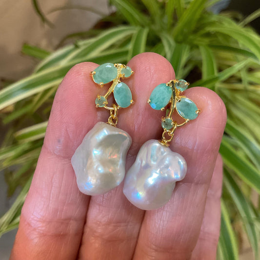 Sterling Silver natural white baroque pearl Emerald statement earrings